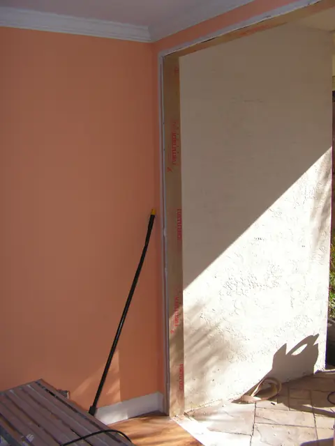 Danville entry during the door replacement, opening reframed