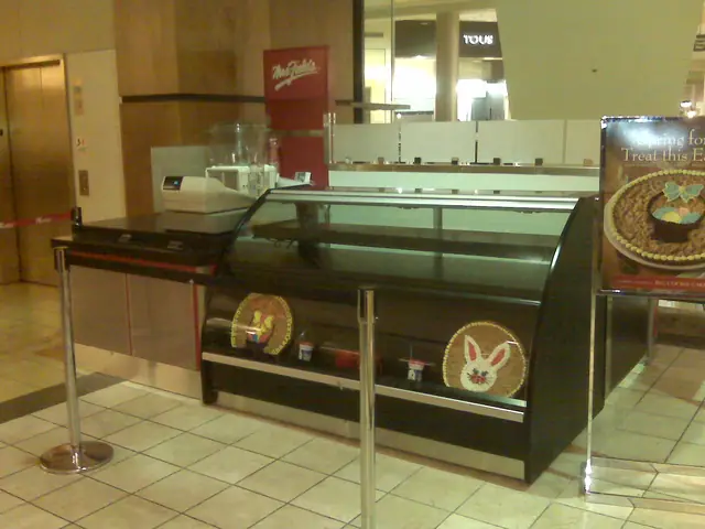 Front of the finished Mrs. Fields Cookies kiosk at Valley Fair Mall, with the red Mrs. Fields sign and display case