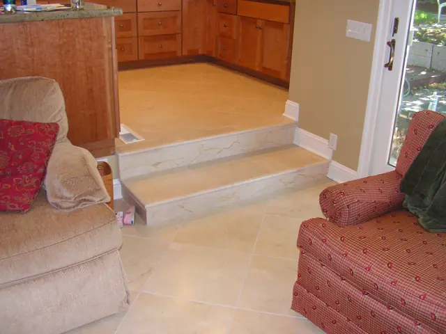 Tile step from the kitchen into the family room in the San Ramon remodel