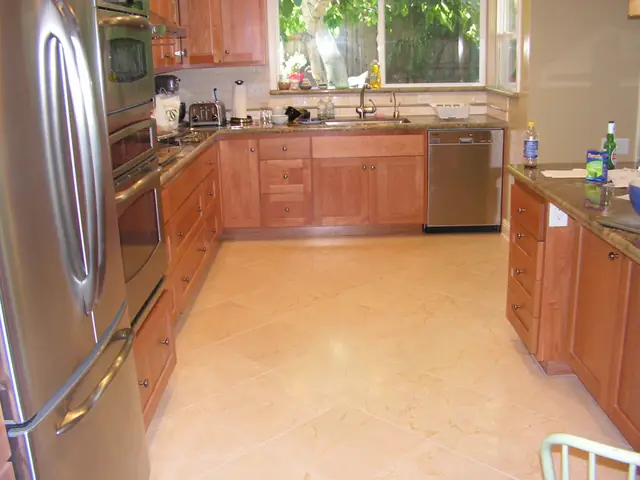 Tile floor and hardwood cabinetry in the San Ramon kitchen remodel