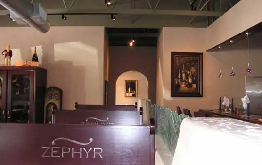 Zephyr Grill & Bar dining room in Livermore with ZEPHYR lettered on the banquette